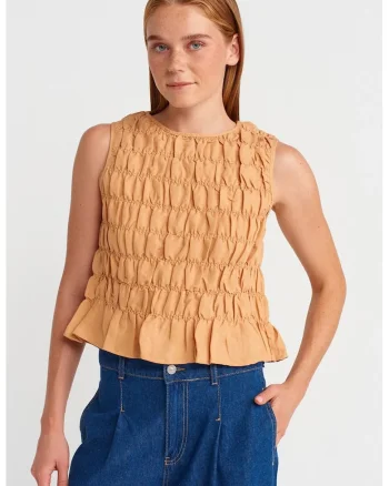 Bluza scurta dama  casual, maro camel, amestec viscoza-bumbac-in, fara maneci