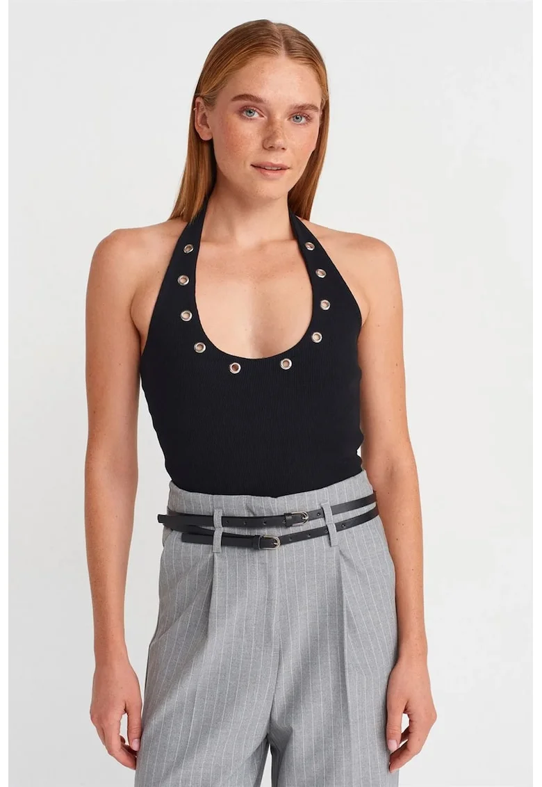Bluza dama,  crop halterneck, elasticitate, negru, tricot bumbac-elastan