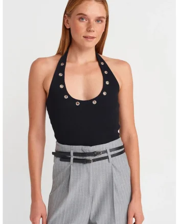 Bluza dama,  crop halterneck, elasticitate, negru, tricot bumbac-elastan