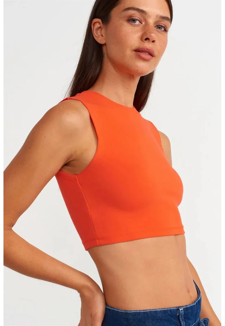 Top scurt fara maneci  portocaliu, bumbac cu elastan, croiala slim