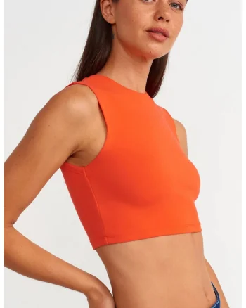 Top scurt fara maneci  portocaliu, bumbac cu elastan, croiala slim