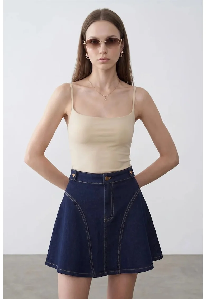 Bluza dama,  slim fit, decolteu patrat, bej natural, tricot subtire