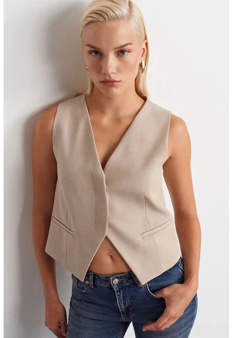 Vesta scurta,  casual, bej natural, poliester si viscoza