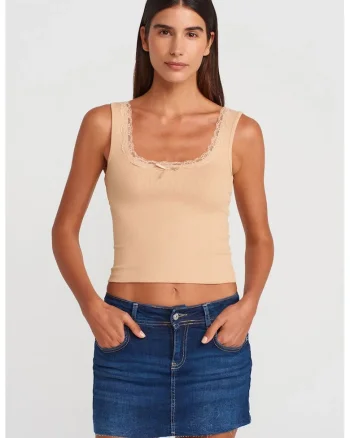 Bluza dama,  crop, captusita, bej natural, bumbac si elastan