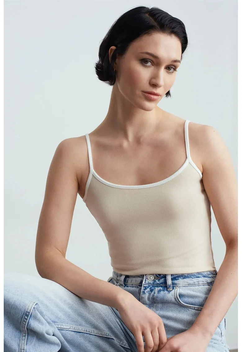 Bluza dama,  color-block, bej natural, tricotata, fara maneci