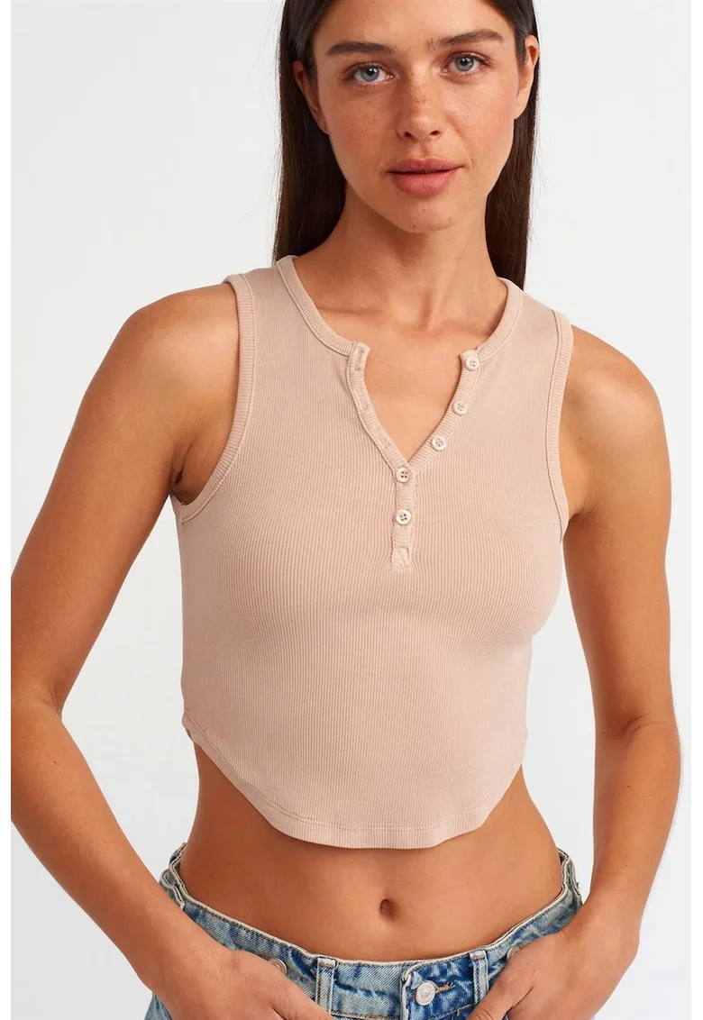 Bluza crop  slim fit, cu nasturi, bej natural, tricot din bumbac-elastan