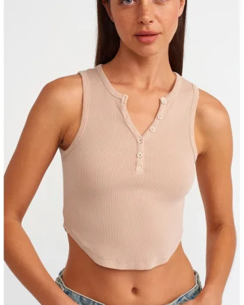 Bluza crop  slim fit, cu nasturi, bej natural, tricot din bumbac-elastan