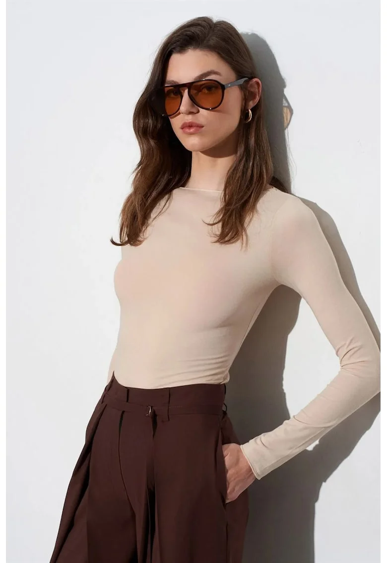 Bluza dama,  slim fit, decolteu barca, bej natural, bumbac cu elastan