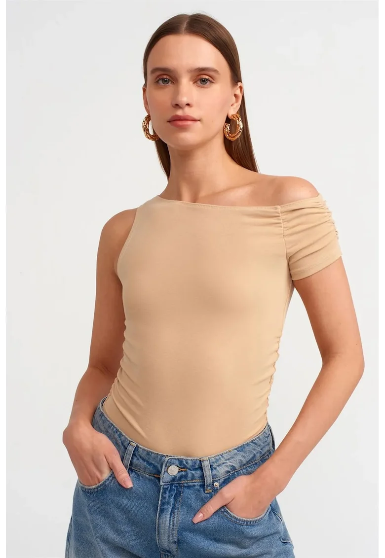 Bluze dama,  slim-fit, drapaj, bej natural, bumbac cu elastan