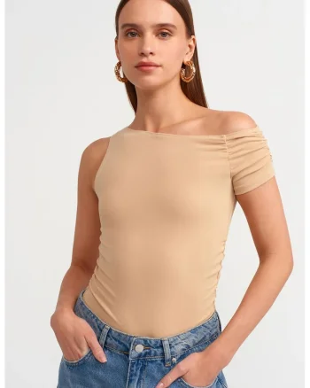 Bluze dama,  slim-fit, drapaj, bej natural, bumbac cu elastan