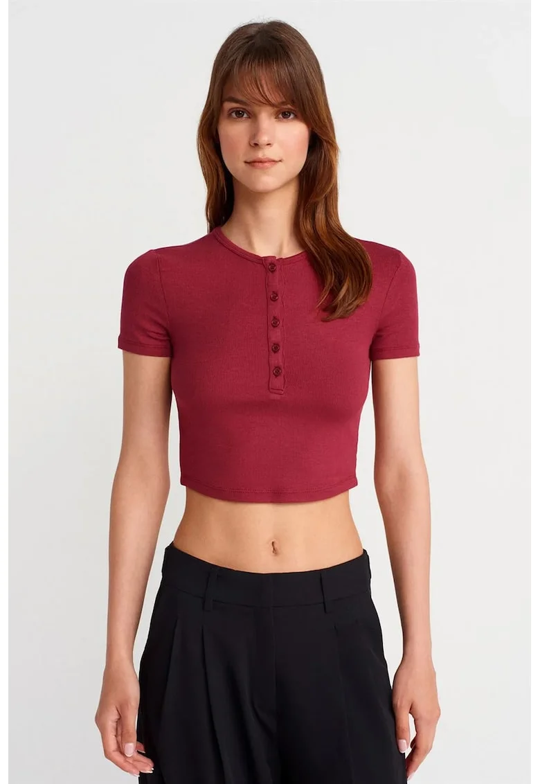 Bluza crop,  slim fit, visiniu, 94% viscoza, 6% elastan