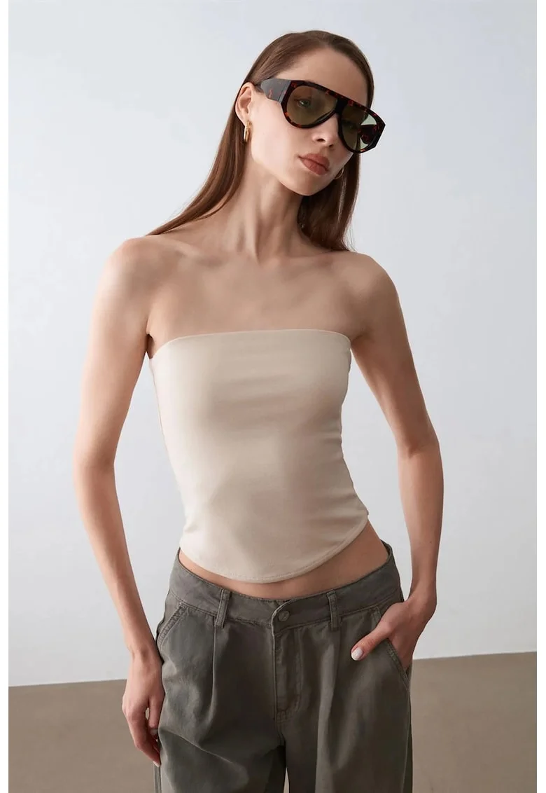 Bluza dama,  crop bandeau, elastic, bej natural, lyocell, bumbac, elastan