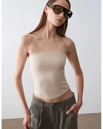 Bluza dama,  crop bandeau, elastic, bej natural, lyocell, bumbac, elastan