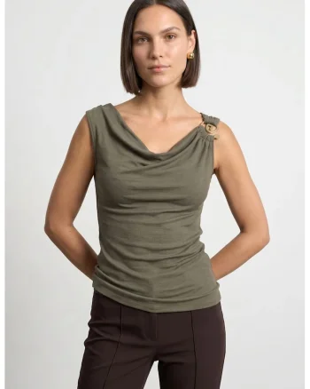 Top  fara maneci, Kaki, Tencel cu elastan, casual