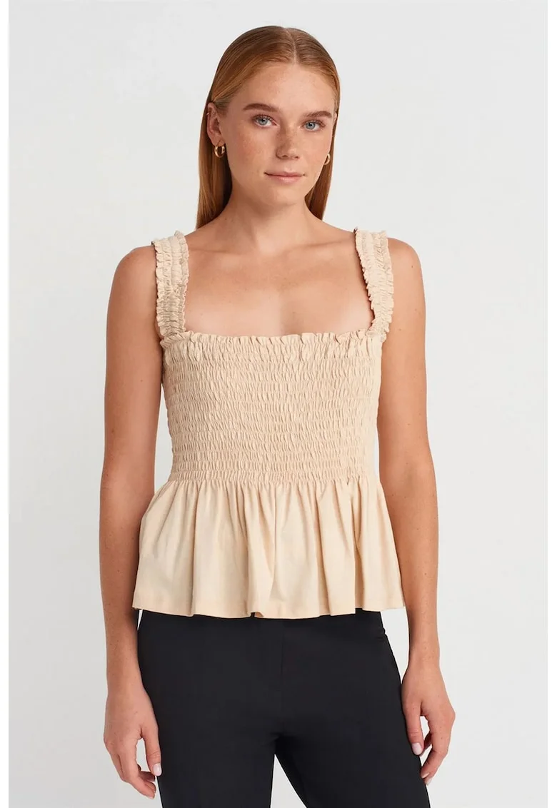 Bluza dama,  fara maneci, volanase, bej natural, bumbac si modal