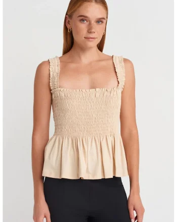 Bluza dama,  fara maneci, volanase, bej natural, bumbac si modal