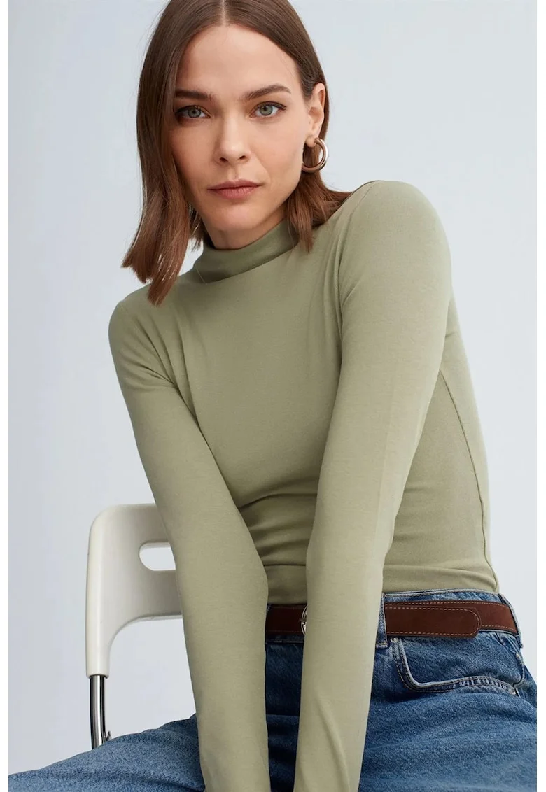 Top dama,  slim fit, maneca lunga, verde salvie, bumbac cu elastan