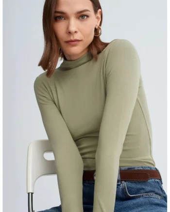 Top dama,  slim fit, maneca lunga, verde salvie, bumbac cu elastan