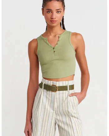 Bluza dama,  crop, slim fit, verde salvie, bumbac-elastan
