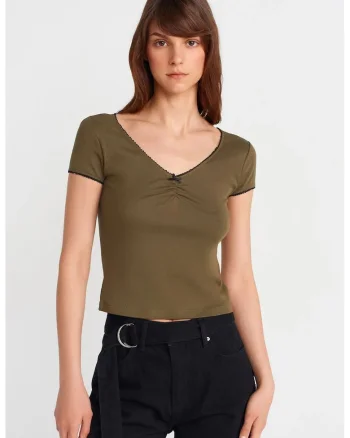 Bluza crop,  bumbac, volane, kaki, casual