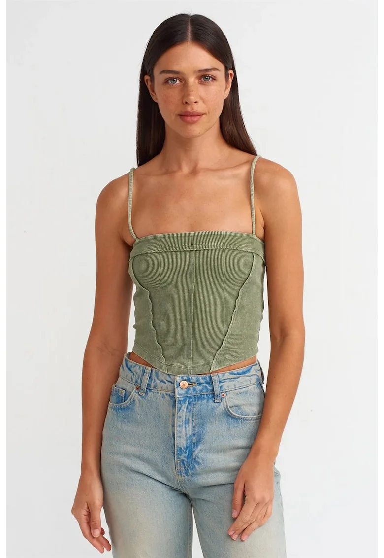 Bluza crop,  decolteu patrat, elasticitate moderata, verde salvie, bumbac cu elastan