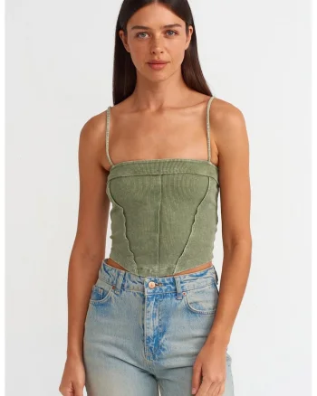 Bluza crop,  decolteu patrat, elasticitate moderata, verde salvie, bumbac cu elastan