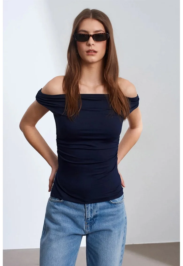 Bluza dama  slim-fit, off-shoulder, Bleumarin, viscoza cu elastan