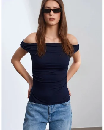 Bluza dama  slim-fit, off-shoulder, Bleumarin, viscoza cu elastan