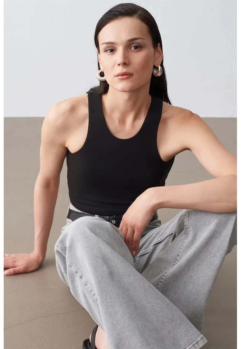 Bluza dama,  crop, fara maneci, negru, amestec tencel-bumbac-elastan