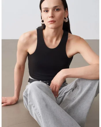 Bluza dama,  crop, fara maneci, negru, amestec tencel-bumbac-elastan