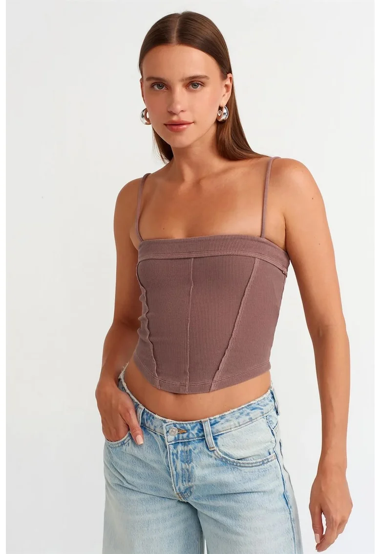 Bluza crop,  cu decolteu patrat, elasticitate moderata, mov, bumbac cu elastan