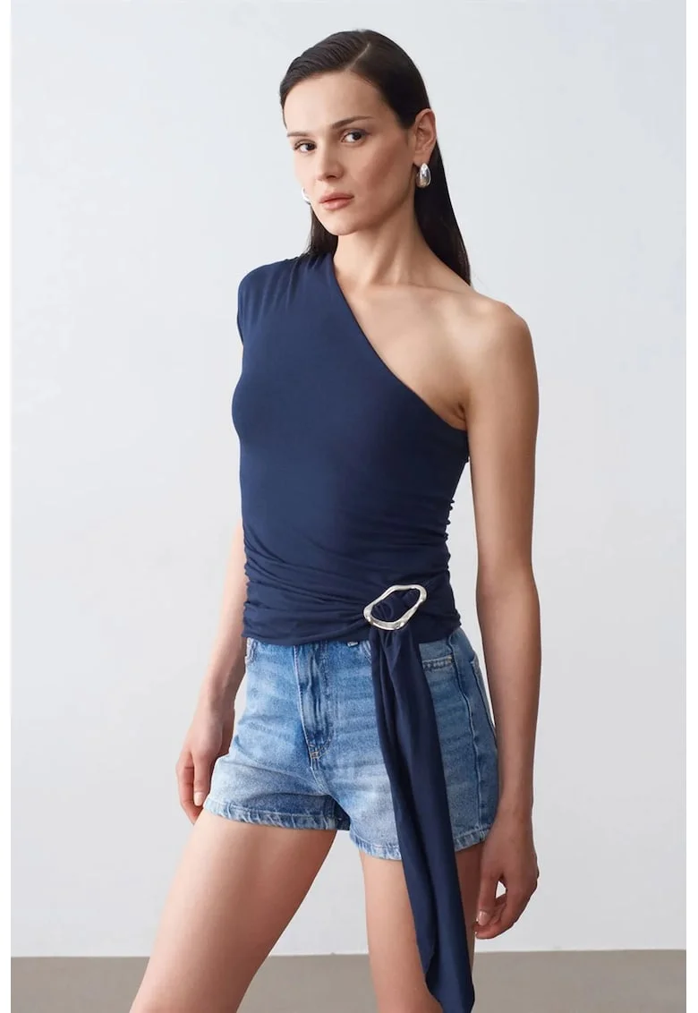 Bluza dama,  slim fit, detaliu cu snur, bleumarin, amestec lyocell-bumbac-elastan