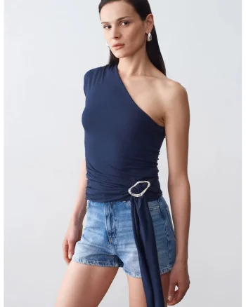 Bluza dama,  slim fit, detaliu cu snur, bleumarin, amestec lyocell-bumbac-elastan