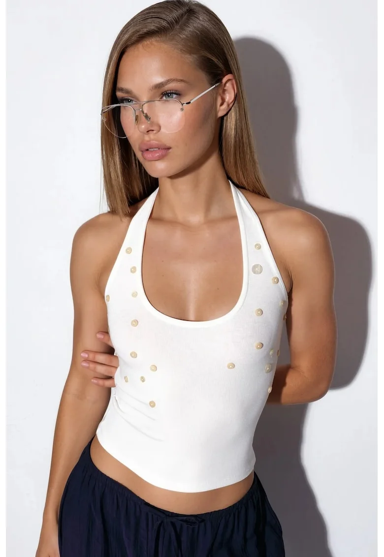 Bluza fara maneci  slim fit, alb, broderie, tricot din modal, bumbac si elastan