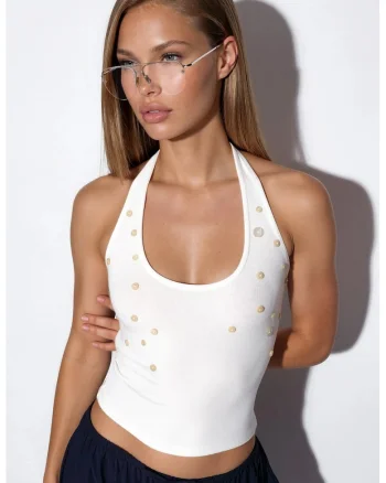 Bluza fara maneci  slim fit, alb, broderie, tricot din modal, bumbac si elastan