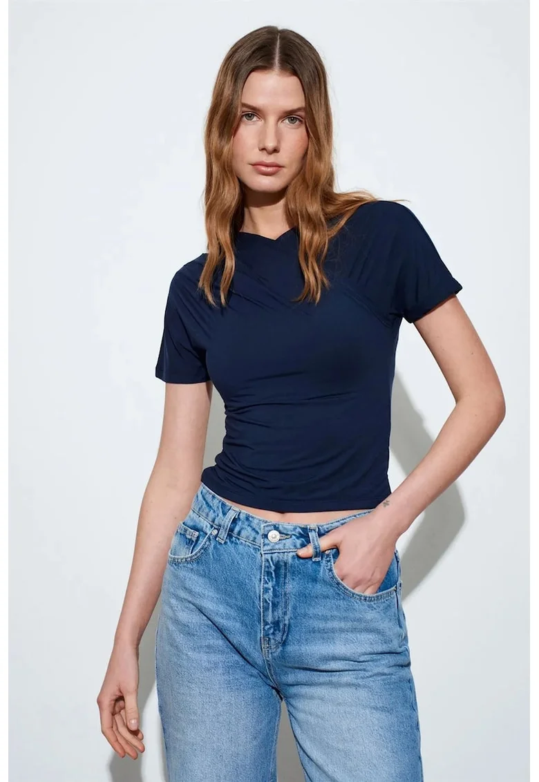 Bluza dama,  slim fit, decolteu in V, bleumarin, jerseu