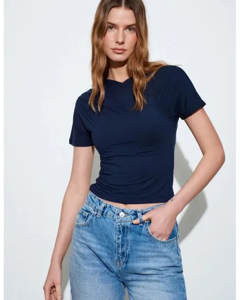 Bluza dama,  slim fit, decolteu in V, bleumarin, jerseu