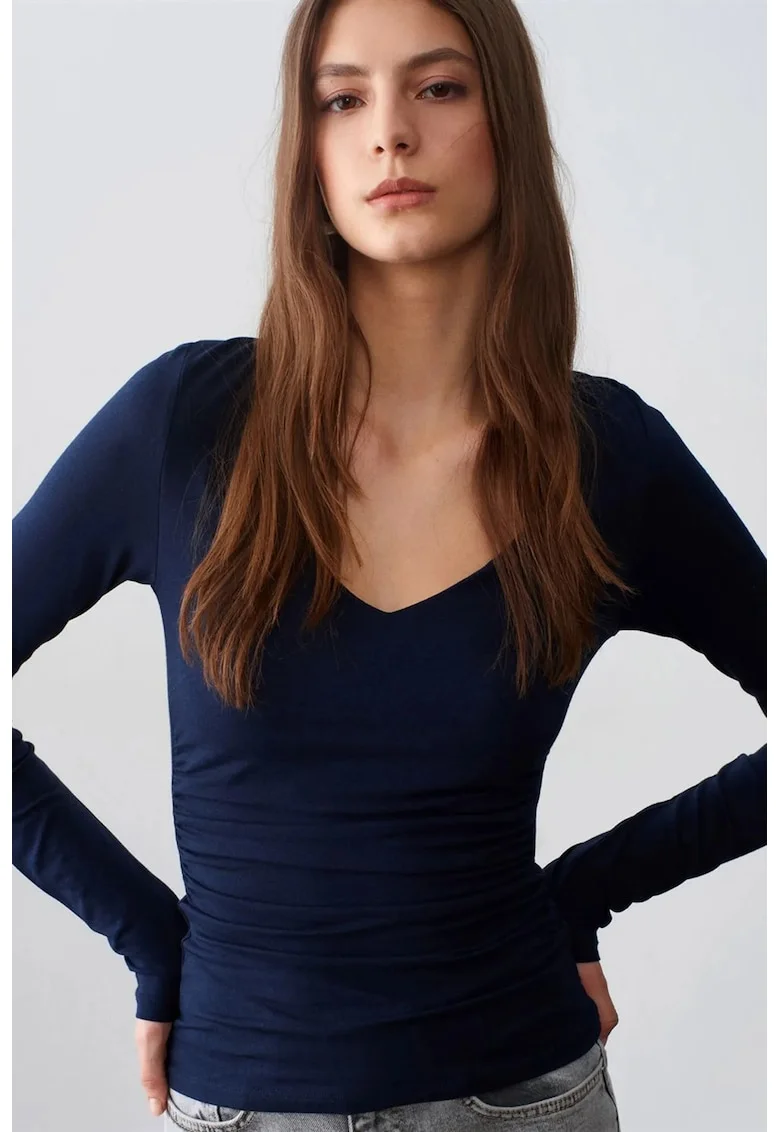 Bluza dama,  slim fit, decolteu in V, bleumarin, jerseu din bumbac, poliester si elastan