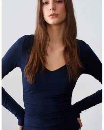 Bluza dama,  slim fit, decolteu in V, bleumarin, jerseu din bumbac, poliester si elastan