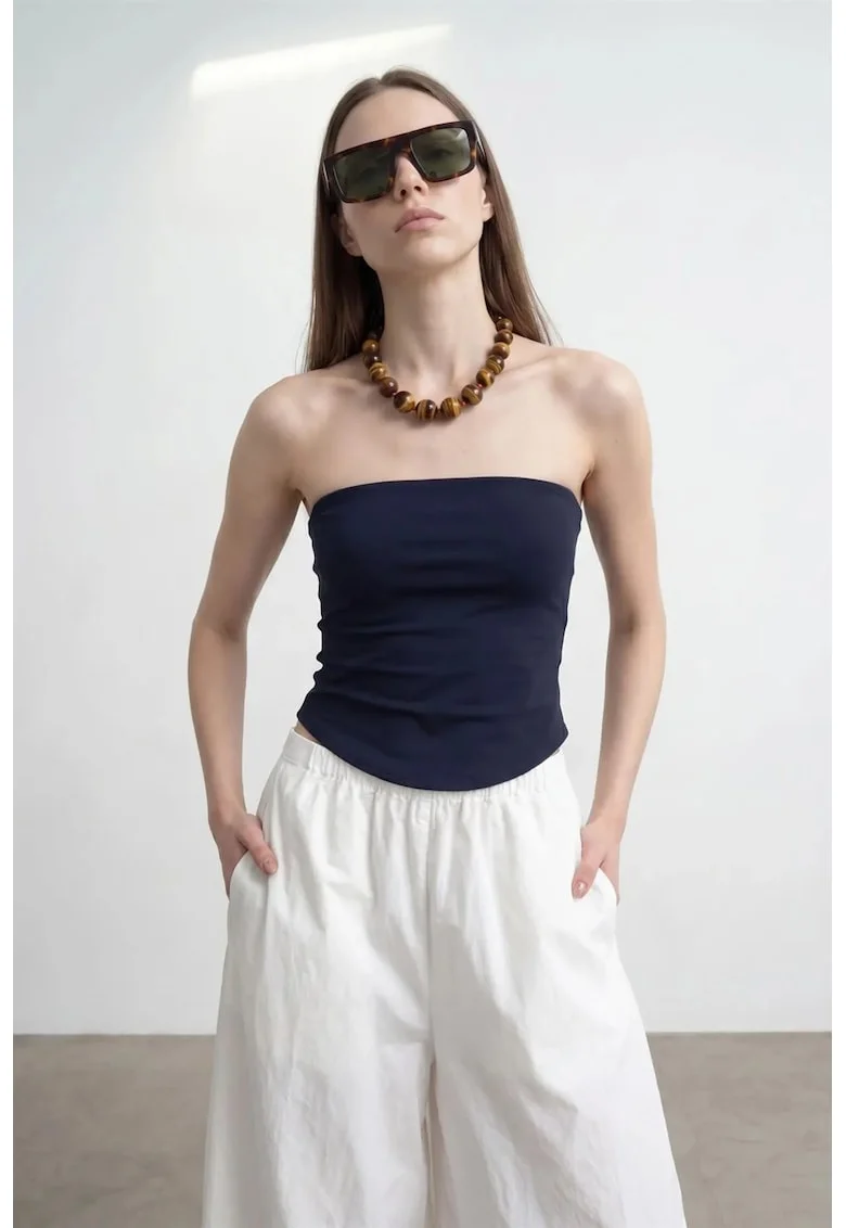 Bluza dama,  top bandeau scurt, elastic, bleumarin, lyocell, bumbac, elastan