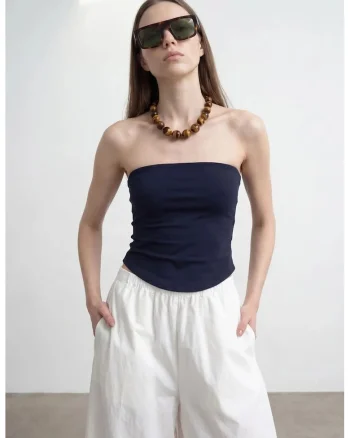 Bluza dama,  top bandeau scurt, elastic, bleumarin, lyocell, bumbac, elastan