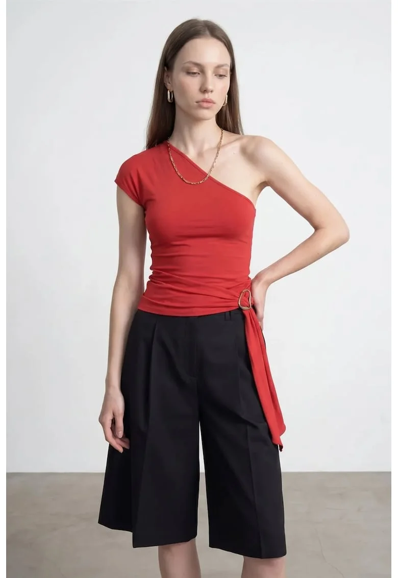 Bluza dama,  slim fit, asimetric, rosu, amestec lyocell-bumbac-elastan
