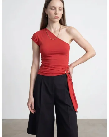 Bluza dama,  slim fit, asimetric, rosu, amestec lyocell-bumbac-elastan