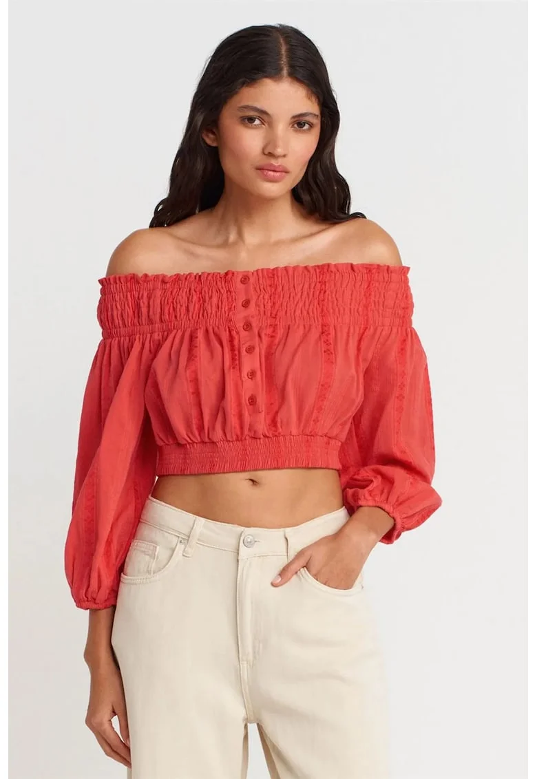 Bluza dama,  crop, rosu, bumbac si viscoza, maneci lungi, decolteu off-shoulder