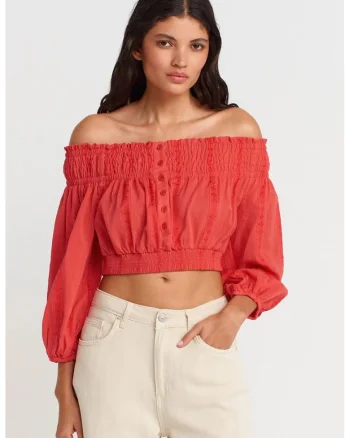 Bluza dama,  crop, rosu, bumbac si viscoza, maneci lungi, decolteu off-shoulder