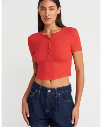 Bluza crop,  slim fit, rosu, amestec viscoza cu elastan