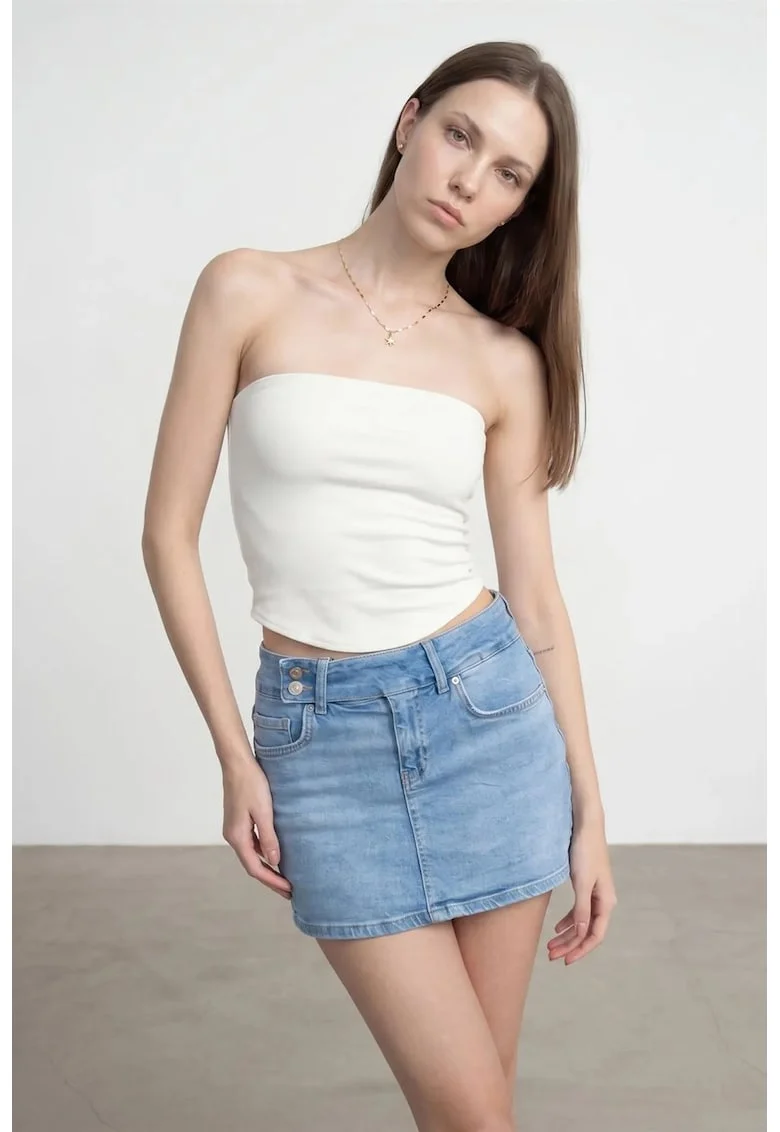 Bluza crop,  bandeau, elastic, alb, lyocell, bumbac, elastan