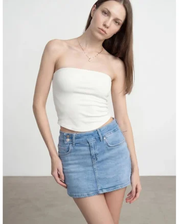 Bluza crop,  bandeau, elastic, alb, lyocell, bumbac, elastan