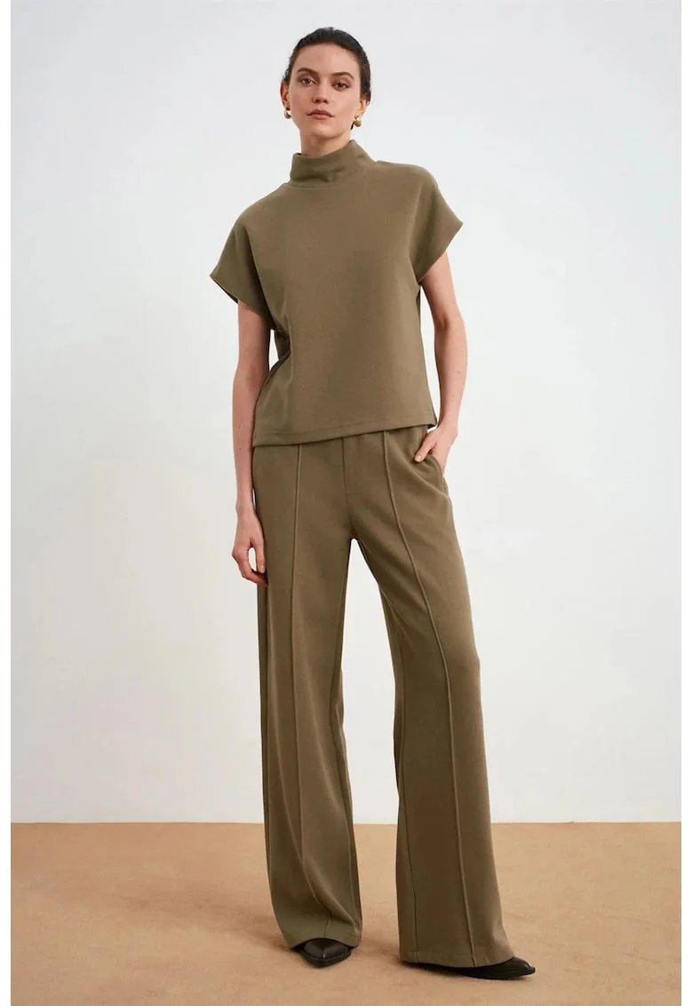 Bluza dama,  tricotata, casual, cu nervuri, verde, poliester si bumbac