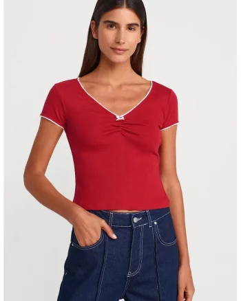 Bluza dama,  crop, rosu cires, bumbac, maneca scurta, volanase